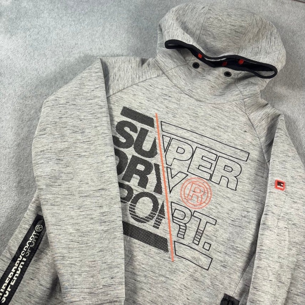 Superdry Sport Hoodie Mens M Gray Heathered Logo Graphic Pullover Vented Pockets